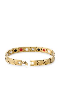 Gul bracelet med zigzag-länkar, som växlar mellan solida svarta, röda och vita prickar. Säkert lås.