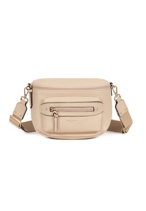 Beige Leder-Umhängetasche mit Frontreißverschlusstasche, verstellbarem Stoffriemen und goldfarbenen Beschlägen.