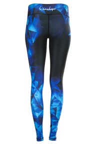Leggings de estampado geométrico azul, fabricados en tejido elástico, con una cinturilla alta y una textura suave con detalles en negro.