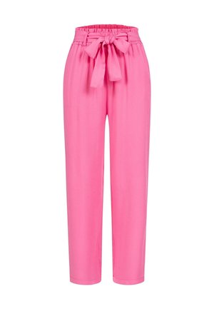 Pantaloni rosa a vita alta realizzati in tessuto morbido. Presentano una cintura elastica arricciata e una cintura in tessuto da annodare. Fit ampio con gamba dritta.