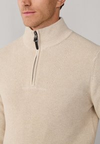 Beige gebreide trui met een hoge kraag en half-ritssluiting. Kenmerkt zich door een geribde textuur en subtiele verticale details op de borst.