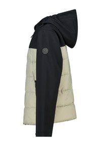 Black and light beige puffer jacket with a hood, featuring a smooth texture, quilted padding, and a round logo patch on the side.