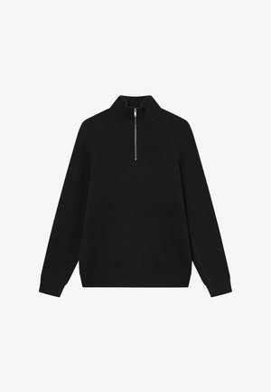 Suéter negro de media cremallera con textura acanalada, cuello alto y mangas largas. Incluye una cremallera plateada en el cuello para un cierre ajustable.