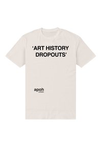 Kremowa bawełniana koszulka z krótkim rękawem z wyraźnym czarnym napisem "'ART HISTORY DROPOUTS'" oraz małym logo "apoh London" w kolorze czarnym.