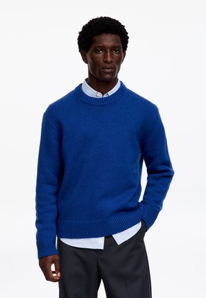 Homme portant un pull en tricot bleu par-dessus une chemise blanche colée et un pantalon noir, debout devant un fond blanc uni.