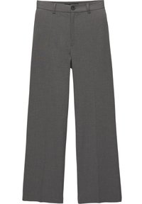 Pantaloni a gamba larga in tessuto grigio scuro, con fronte piatto, chiusura a bottone e un design classico su misura senza decorazioni visibili.