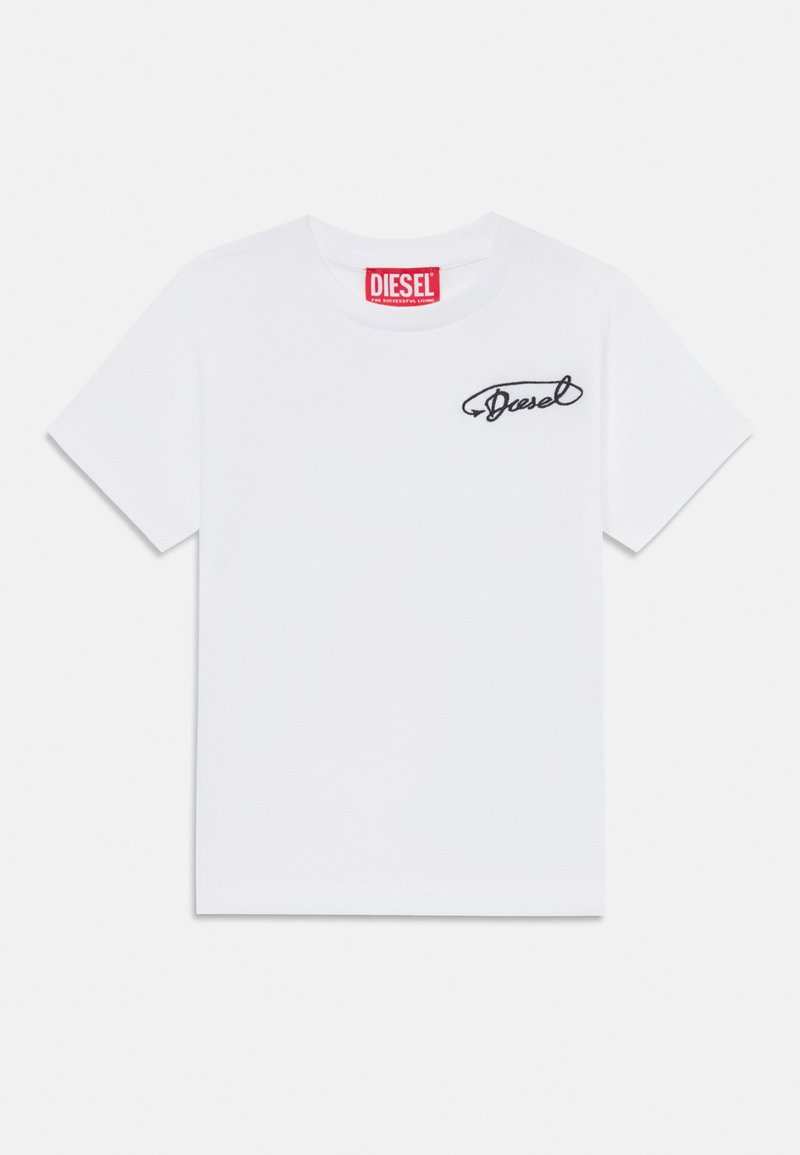 White short-sleeve T-shirt made of cotton, featuring a red Diesel logo label and black embroidered "Diesel" script on the chest.