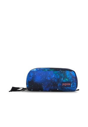 Rektangulær penalhus med blåt galaksemønster, sort lynlås og JanSport-logo på forsiden, sat mod en hvid baggrund.