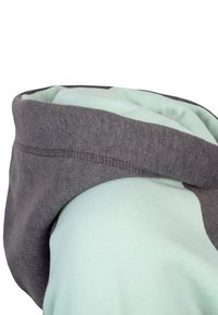 Hoodie mit grauem Außenmaterial und weichem mintgrünem Innenfutter. Der Stoff ist glatt, hat eine lockere Passform und sichtbare Nähte.