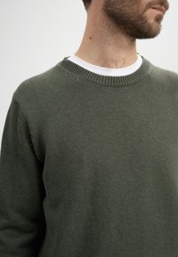Groene gebreide sweater met ronde hals, geribbelde kraag en zachte textuur, gelaagd over een wit shirt. Close-up van de stofdetails.