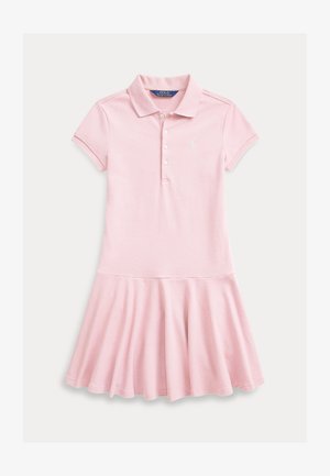 Rosa polo kjole laget av myk bomull. Har krage, korte ermer og en utsviktet skjørt. Inkluderer tre knapper foran og logo pynt.