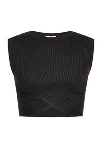 Czarny prążkowany crop top z okrągłym dekoltem, z teksturowanym wzornictwem i detalem w postaci skrętu z przodu, zapewniający dopasowany krój.