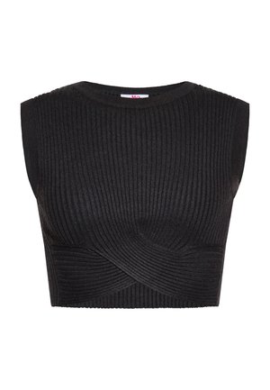 Melnās ribu apgrieztās blūzes ar apaļu kakla izgriezumu, kurai ir teksturēts dizains un pagrieztā detaļa priekšpusē, nodrošinot pieguļošu siluetu.