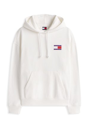 White hooded sweatshirt featuring a front pocket, ribbed cuffs, and a small red and purple "TOMMY JEANS" logo on the chest.