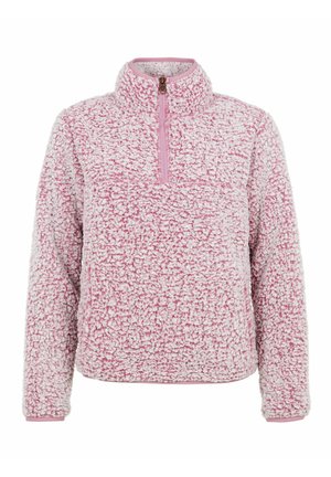 Rausvos spalvos flisinis megztinis su aukštu apykakle, pusiau užtrauktuku priekyje ir tekstūrine paviršiaus struktūra. Apykaklės ir rankovių kraštuose – vientisos rausvos spalvos apdaila.