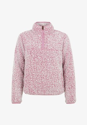 Fleece pullover in het roze met een hoge kraag, een halve rits aan de voorkant en een textuur op het oppervlak. Beschikt over effen roze afwerking rond de kraag en manchetten.