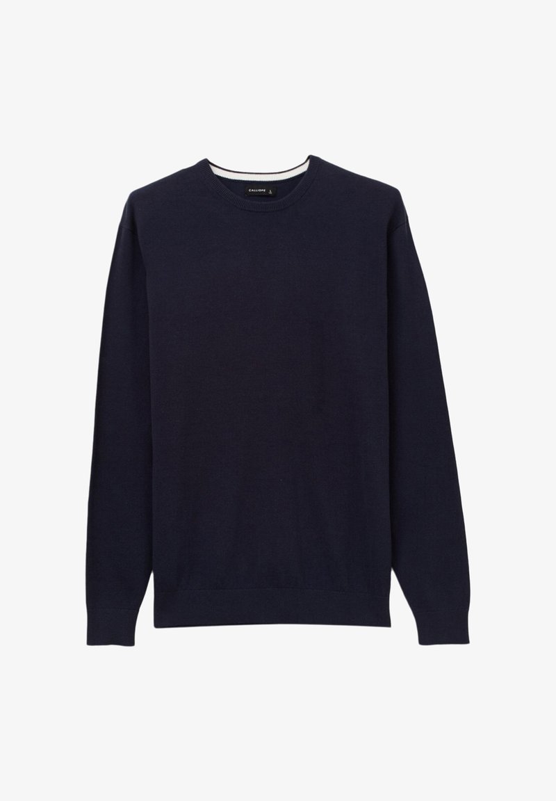 Pull en tricot bleu marine avec un col rond, des manches longues, et des poignets et un ourlet côtelés. Texture lisse, sans motifs ni accents visibles.