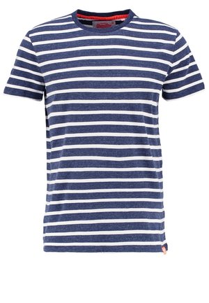 Granatowa i biała bluzka z krótkim rękawem w poziome paski, z okrągłym dekoltem i regularnym krojem.