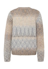 Gestrickter Pullover mit einem Farbverlaufsmuster in Beige, Grau und hellem Blau, mit rundem Halsausschnitt sowie gerippten Bündchen und Saum.