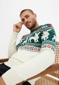 Maglione a maglia con un design festivo verde e bianco, arricchito da dettagli rossi, che presenta motivi in tema invernale e polsini a coste.
