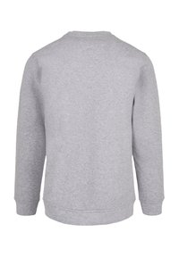Gray sweatshirt, cotton blend, crew neck, long sleeves, ribbed cuffs, and hem, textured surface, no visible patterns or logos.
