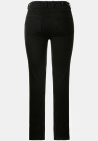 Black denim jeans with a straight leg design, five pockets, and a mid-rise waistband. The fabric has a smooth, slightly stretchy texture.