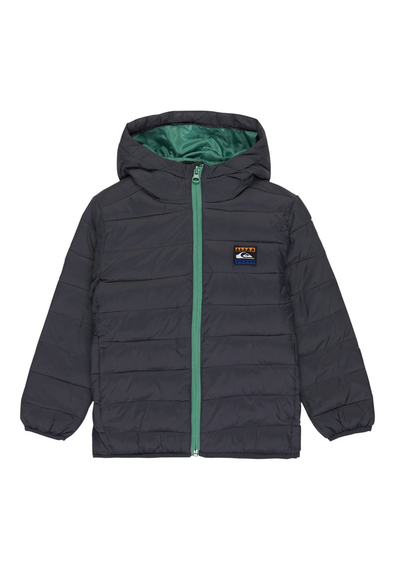 Siva puffer jakna s zelenim unutrašnjim dijelom, s prednjim patentnim zatvaračem i logotipom. Kvadratni dizajn i elastične manžetne. S kapuljačom.