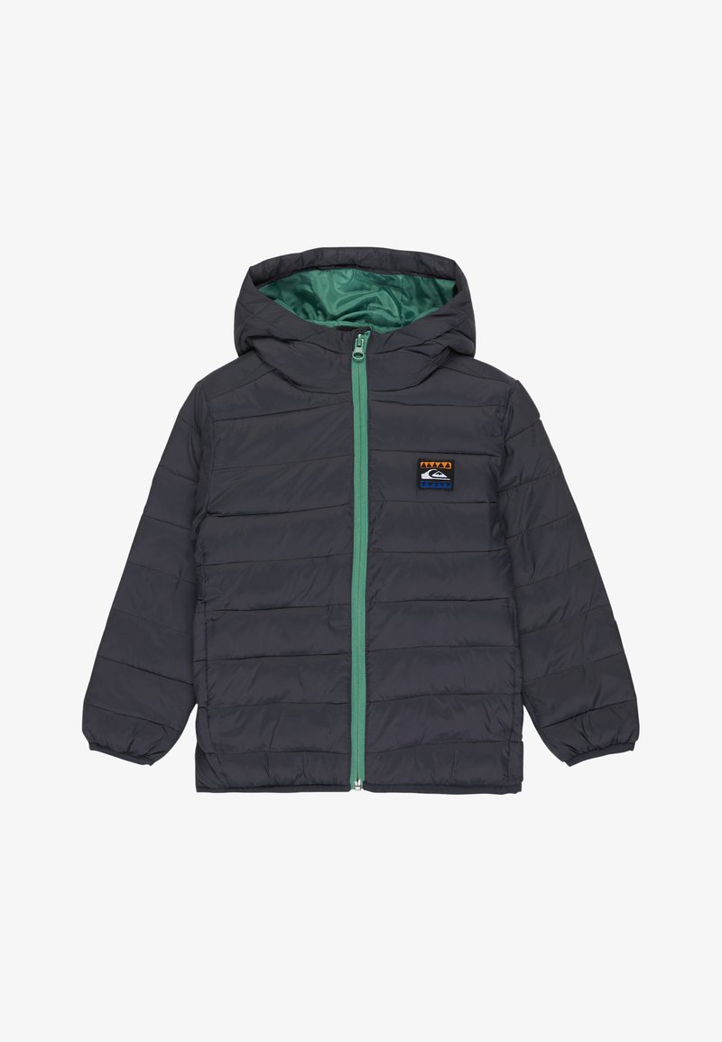 Pilkas pūkinis švarkas su žalia vidine dalimi, turi priekinį užtrauktuką ir logotipo pleistrą. Kvadratinė siuvinėjimo tekstūra ir elastingi rankogaliai. Su gaubtu.