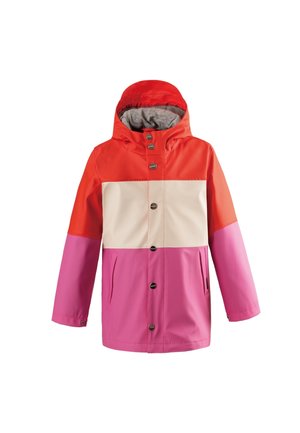 Jacke mit Kapuze und Druckknöpfen, roter oberer Bereich, weißer Mittelstreifen und rosa unterer Körper sowie Ärmel, dargestellt vor einfachem weißen Hintergrund.