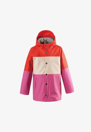 Jacke mit Kapuze und Druckknöpfen, roter oberer Bereich, weißer Mittelstreifen und rosa unterer Körper sowie Ärmel, dargestellt vor einfachem weißen Hintergrund.