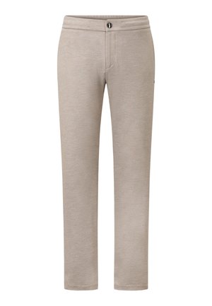 Pantalon beige en tissu texturé, design à jambe droite, avec fermeture éclair et bouton à l'avant, poches latérales et détails de couture subtils.