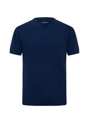 Marineblauer, kurzärmliger, gestrickter Pullover mit Rundhalsausschnitt, strukturiertem Muster sowie gerippten Bündchen und Saum.