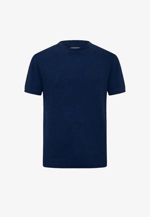 Marineblauer, kurzärmliger, gestrickter Pullover mit Rundhalsausschnitt, strukturiertem Muster sowie gerippten Bündchen und Saum.