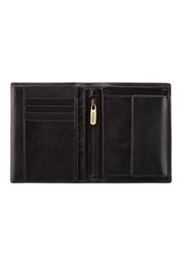 Black leather wallet with multiple card slots, a zippered pocket, and smooth texture. Interior has a compartment for bills and coins.