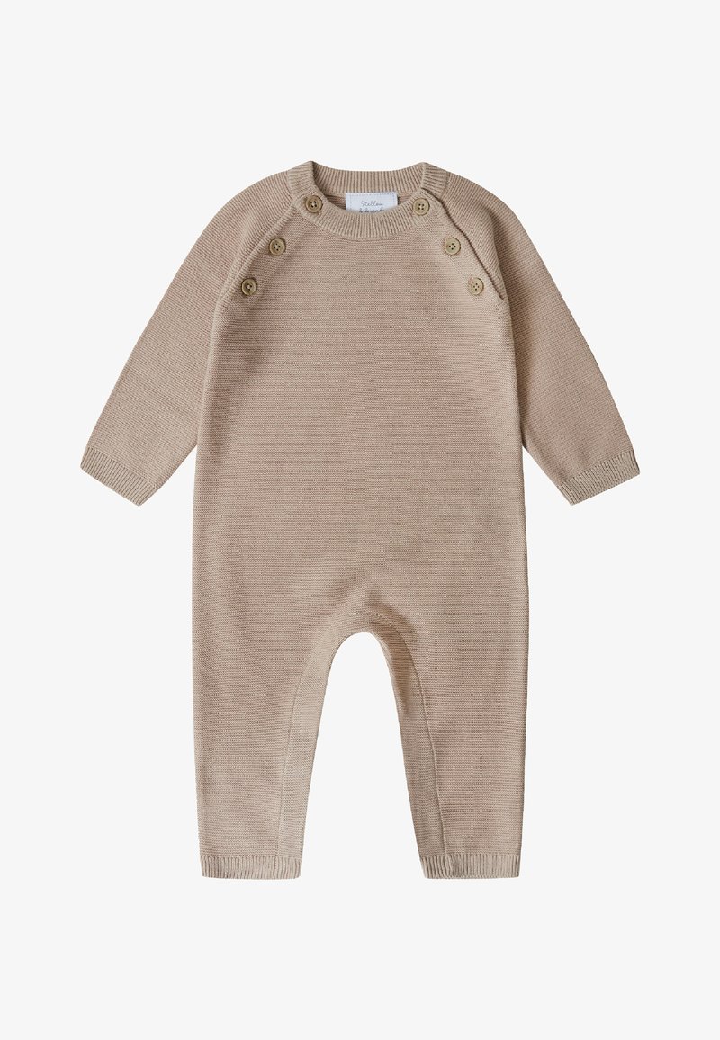 Mono de punto beige con mangas largas, cuello redondo y detalles de botones en el hombro. Textura suave y puños acanalados.