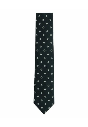 Black tie with an all-over diamond pattern in white. Made from textured fabric, featuring a pointed end and narrow design.