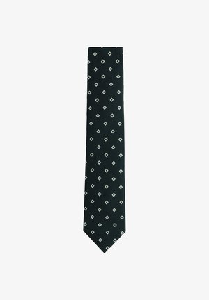 Black tie with an all-over diamond pattern in white. Made from textured fabric, featuring a pointed end and narrow design.