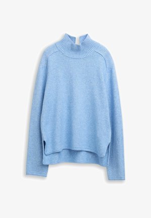 Helles blaues, gestricktes Sweatshirt mit einem hohen, gerippten Kragen und einem gespleißten Saum. Verfügt über lange Ärmel und einen lässigen Schnitt. Weiche Textur.