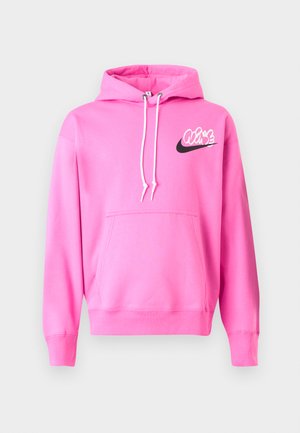 Pink hoodie made of soft fabric, featuring a kangaroo pocket, drawstring hood, and a black and white logo on the chest.