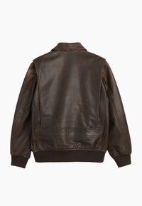 Brown leather jacket with a smooth texture, ribbed cuffs, and a flat collar. Features stitched detailing and a clean, minimalist design.