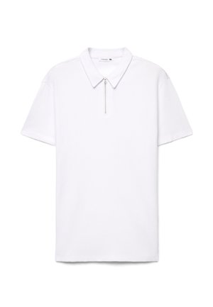 Biała koszulka polo z krótkim rękawem, wykonana z tkaniny strukturalnej, z suwakiem poniżej kołnierzyka, rozmiar XL.