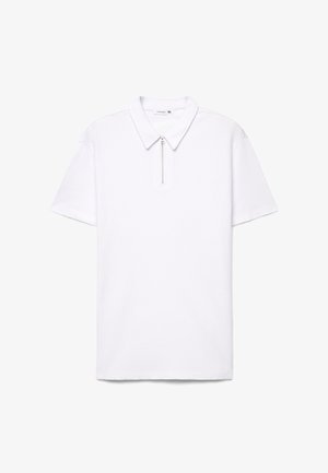 Biała koszulka polo z krótkim rękawem, wykonana z tkaniny strukturalnej, z suwakiem poniżej kołnierzyka, rozmiar XL.