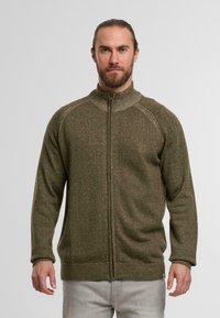 Khaki green zip-up sweater with a high collar, ribbed cuffs and hem, textured fabric, and a subtle flecked pattern throughout.