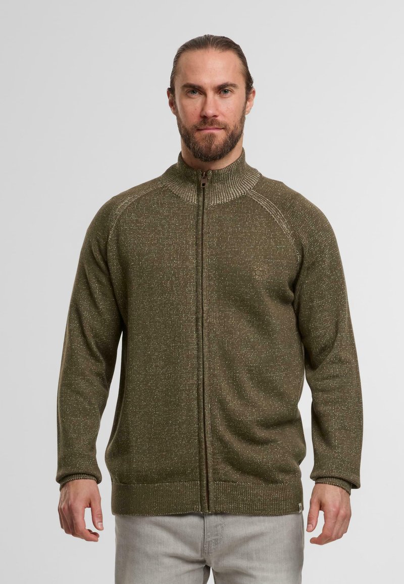 Khaki green zip-up sweater with a high collar, ribbed cuffs and hem, textured fabric, and a subtle flecked pattern throughout.