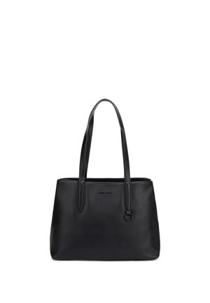 Zwarte leren tote bag met twee lange schouderbanden en een subtiel merklogo aan de voorkant, tegen een effen witte achtergrond.