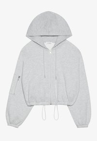 Jasnoszara, krótka bluza z kapturem, zapinana na zamek, z troczkami, kieszeniami na przodzie, elastycznymi mankietami oraz zamykaną na zamek kieszenią na lewym rękawie.