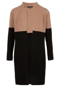 Long cardigan beige et noir, à la coupe droite, avec un devant ouvert et une texture douce. Sans fermetures ; style minimaliste.