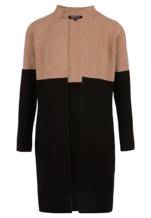 Long cardigan beige et noir, à la coupe droite, avec un devant ouvert et une texture douce. Sans fermetures ; style minimaliste.