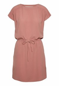 Krátký rukáv, růžové šaty vyrobené z měkké tkaniny, s elastickým pasem a šňůrkou na úpravu, a rovný střih.