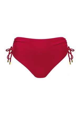 Czerwony dół bikini z marszczeniami po bokach, regulowanymi zapięciami na sznurki i złotymi akcentami. Wykonany z gładkiego, elastycznego materiału.